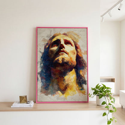 Watercolor Portrait of Jesus Christ Canvas Wall Art in pink floating frame