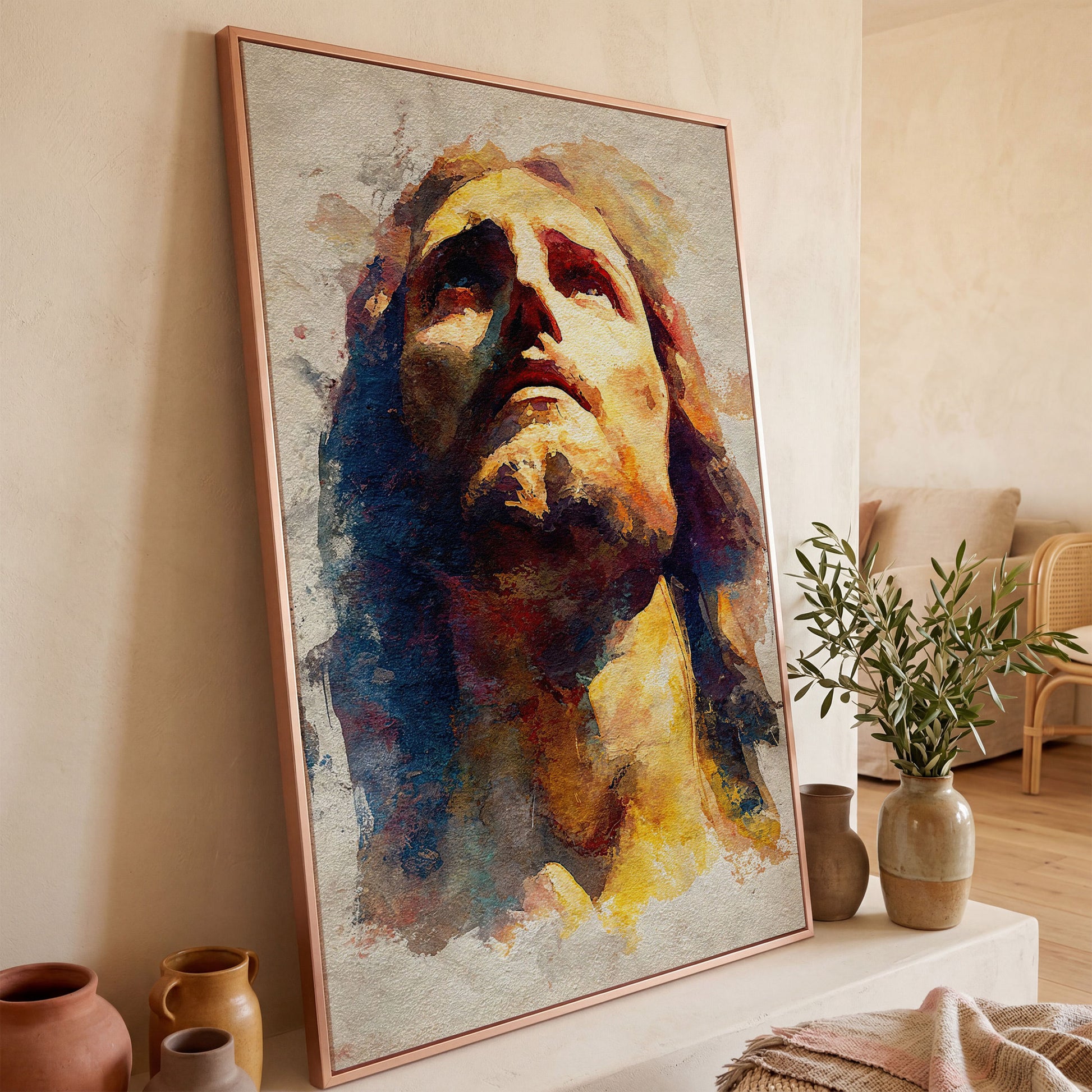 Watercolor Portrait of Jesus Christ Canvas Wall Art in rose gold floating frame