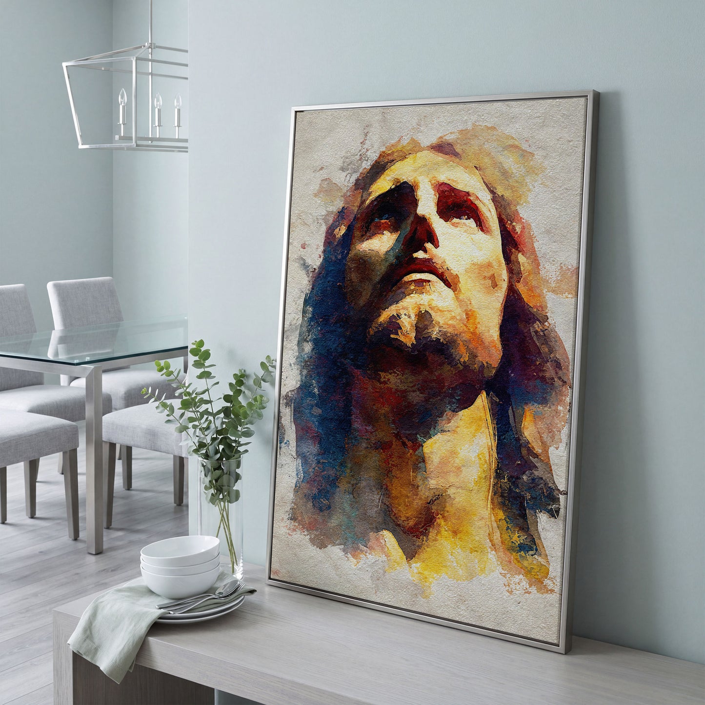 Watercolor Portrait of Jesus Christ Canvas Wall Art in silver floating frame