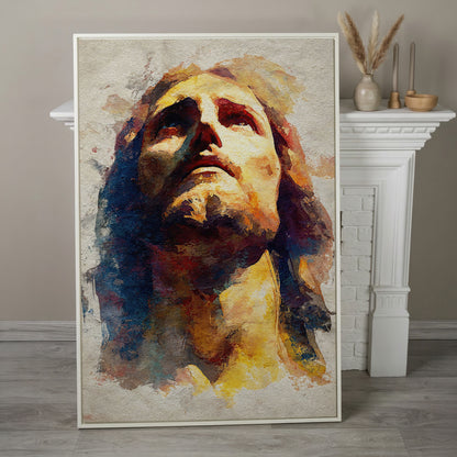 Watercolor Portrait of Jesus Christ Canvas Wall Art in white floating frame