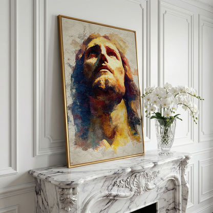 Watercolor Portrait of Jesus Christ Canvas Wall Art in yellow gold floating frame