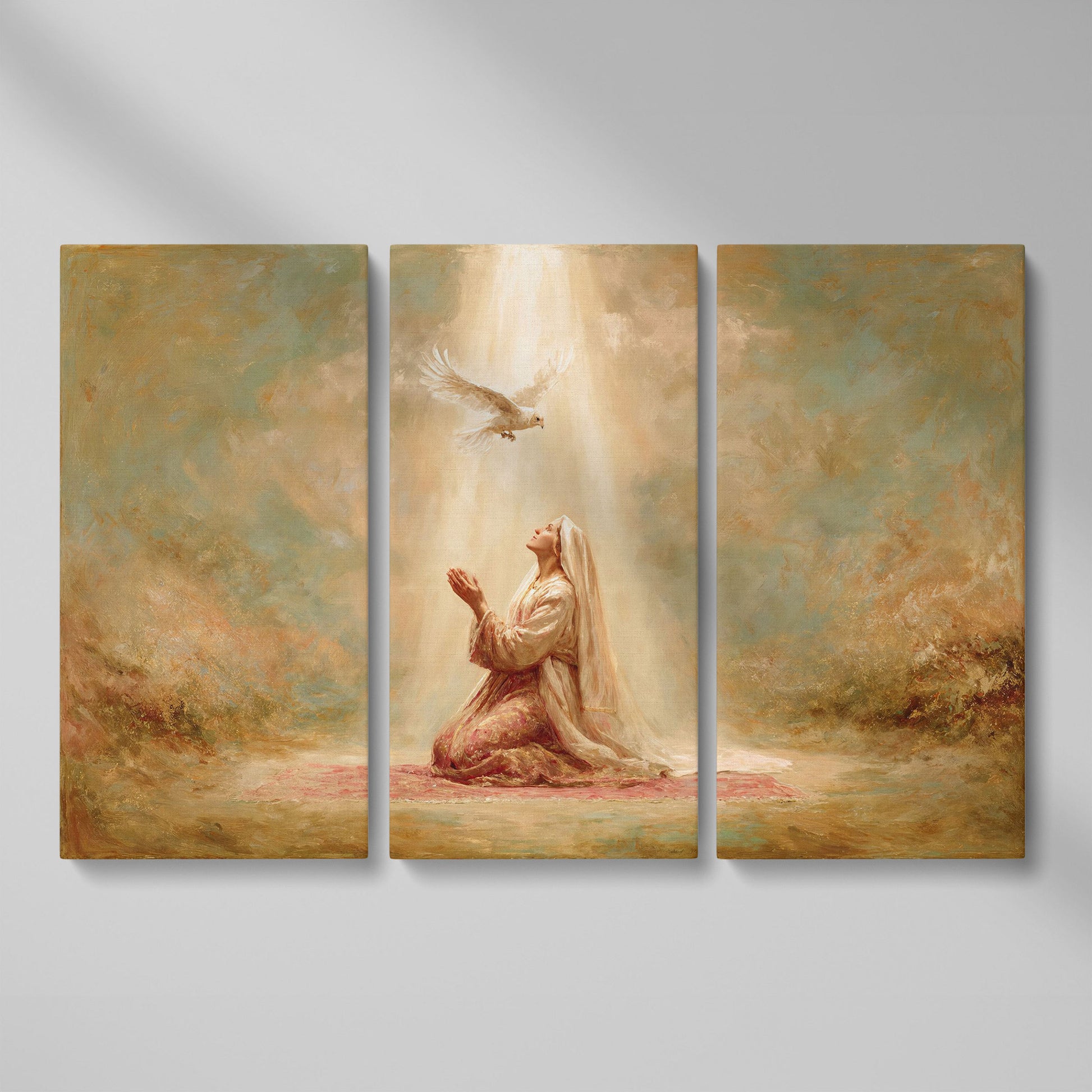 Virgin Mary Kneeling in Prayer with Holy Spirit Dove Canvas Art as 3-panel split version