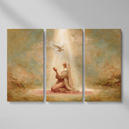 Virgin Mary Kneeling in Prayer with Holy Spirit Dove Canvas Art as 3-panel split version