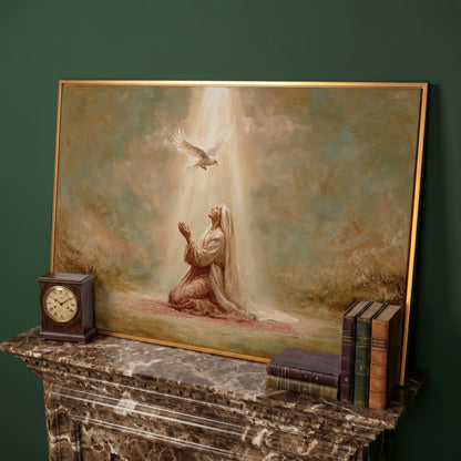 Virgin Mary Kneeling in Prayer with Holy Spirit Dove Canvas Art in antique gold floating frame