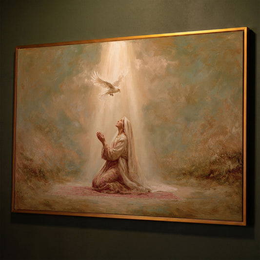 Virgin Mary Kneeling in Prayer with Holy Spirit Dove Canvas Art shown in antique gold floating frame