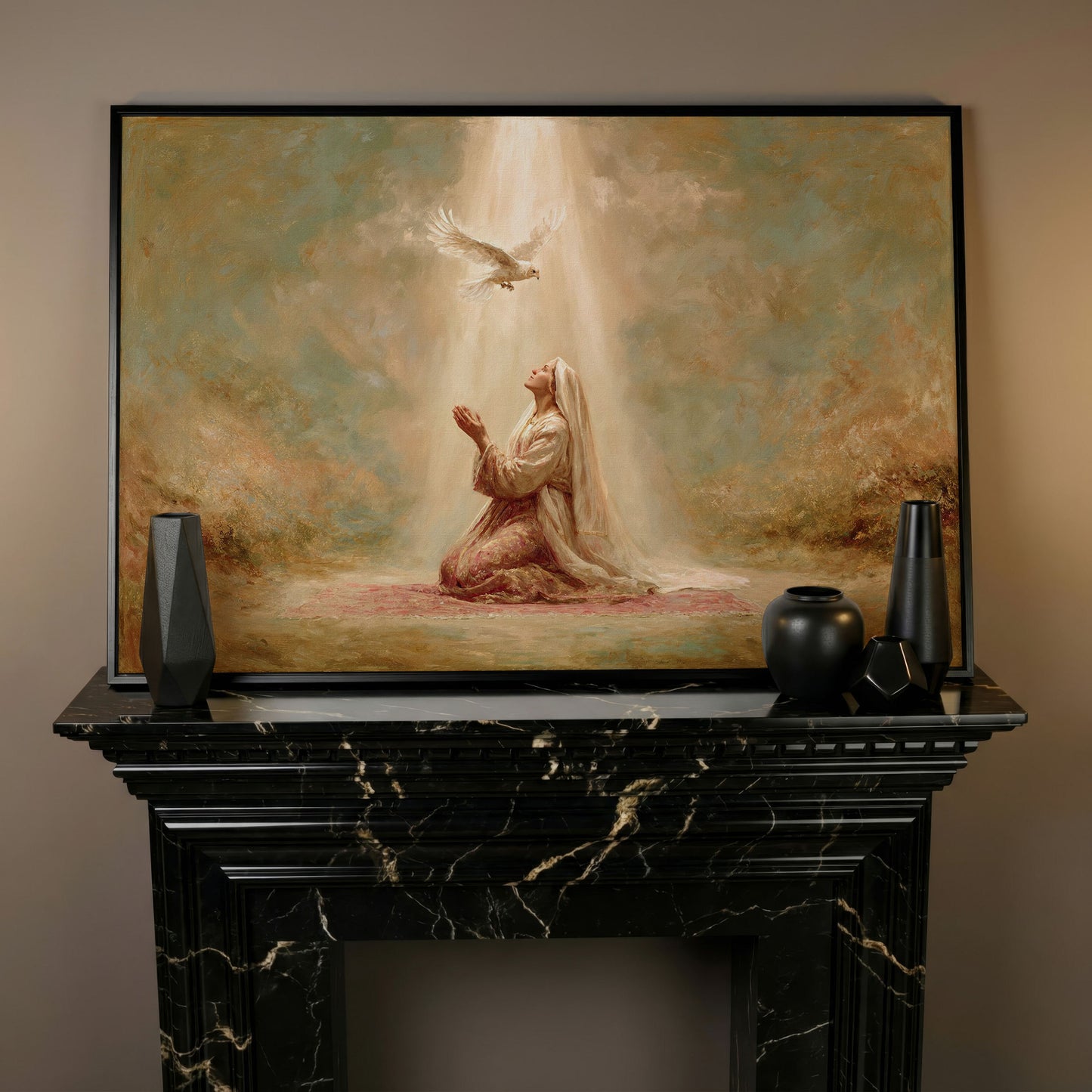 Virgin Mary Kneeling in Prayer with Holy Spirit Dove Canvas Art in black floating frame