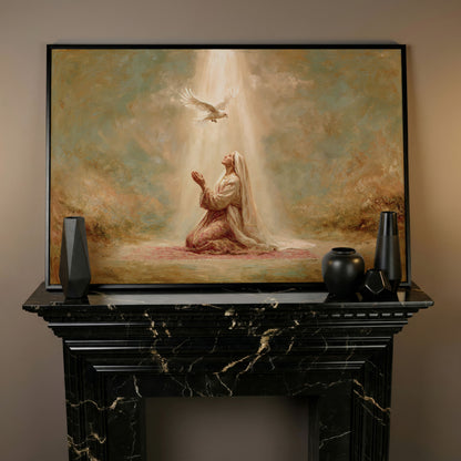 Virgin Mary Kneeling in Prayer with Holy Spirit Dove Canvas Art in black floating frame