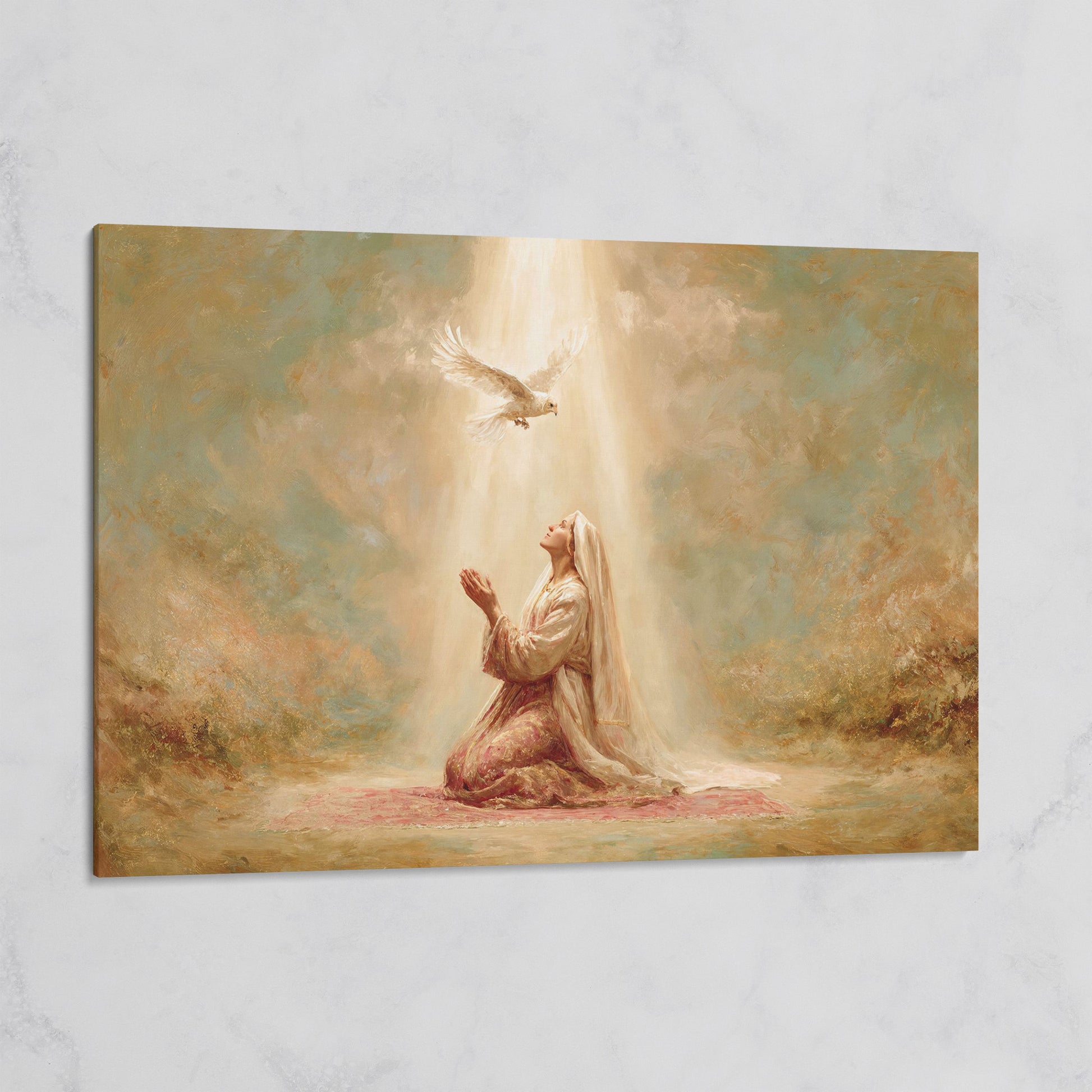 Virgin Mary Kneeling in Prayer with Holy Spirit Dove Canvas Art on gallery wrap