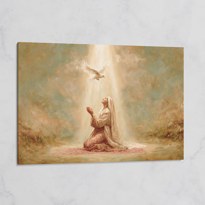 Virgin Mary Kneeling in Prayer with Holy Spirit Dove Canvas Art on gallery wrap