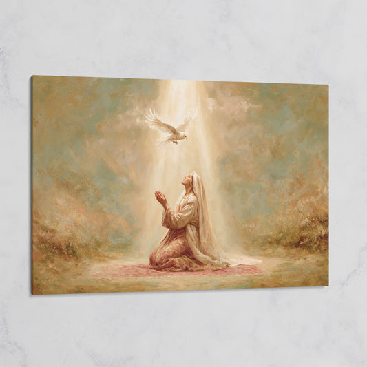 Virgin Mary Kneeling in Prayer with Holy Spirit Dove Canvas Art on gallery wrap