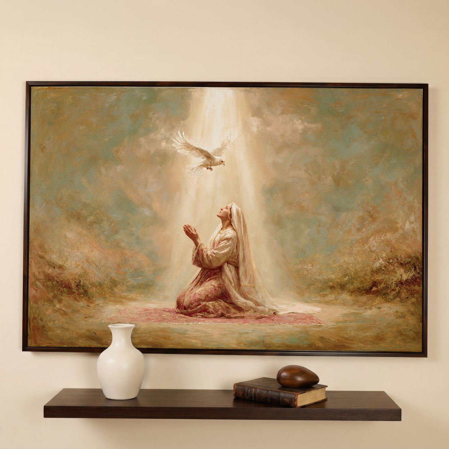 Virgin Mary Kneeling in Prayer with Holy Spirit Dove Canvas Art in dark walnut floating frame