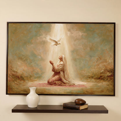 Virgin Mary Kneeling in Prayer with Holy Spirit Dove Canvas Art in dark walnut floating frame