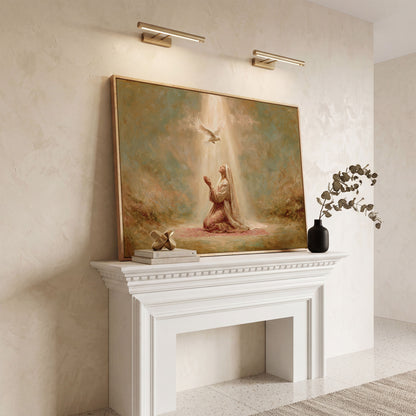 Virgin Mary Kneeling in Prayer with Holy Spirit Dove Canvas Art in white oak floating frame