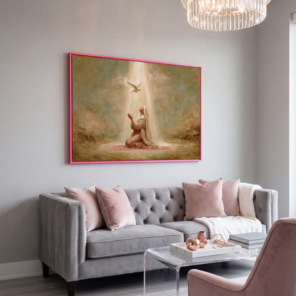 Virgin Mary Kneeling in Prayer with Holy Spirit Dove Canvas Art in pink floating frame