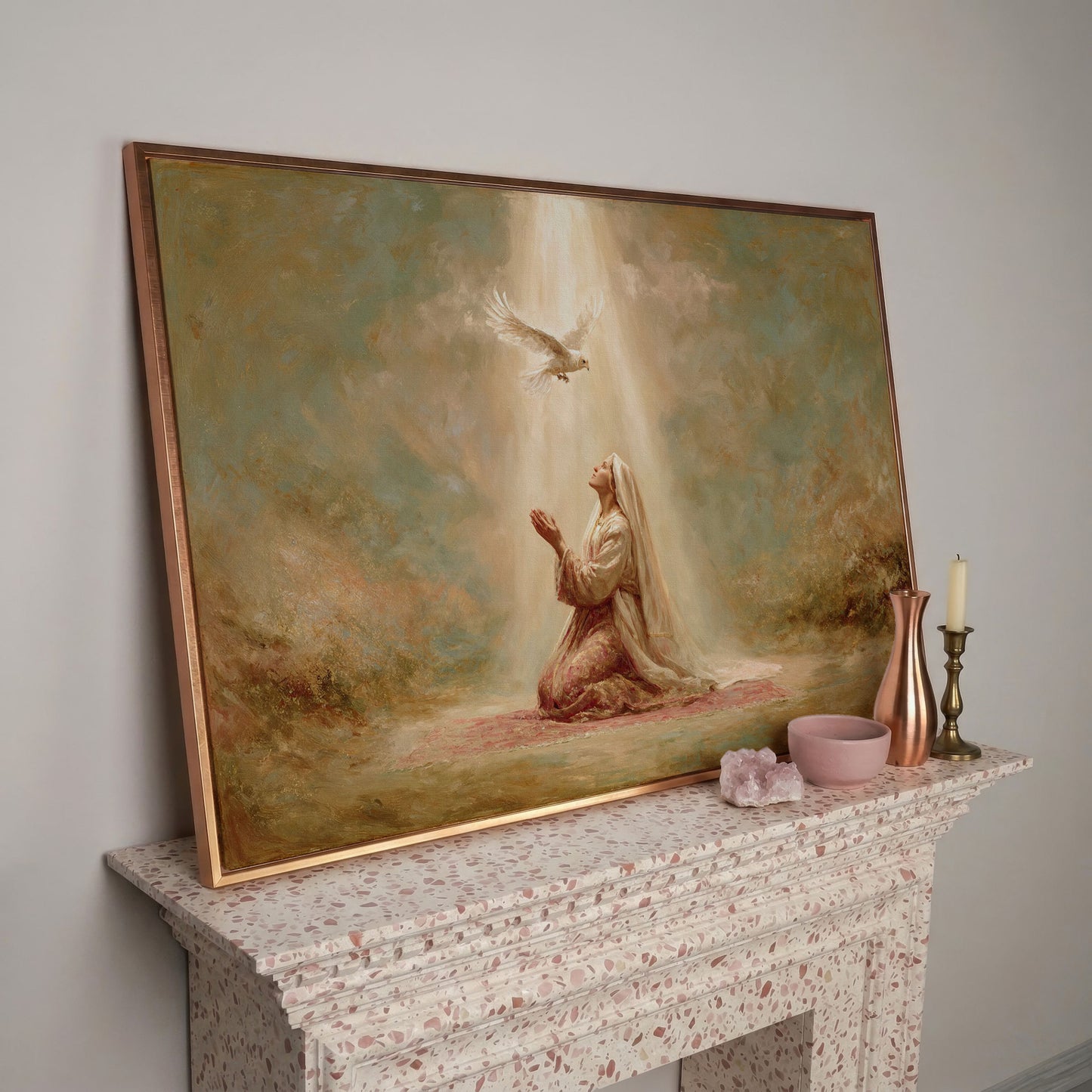 Virgin Mary Kneeling in Prayer with Holy Spirit Dove Canvas Art in rose gold floating frame