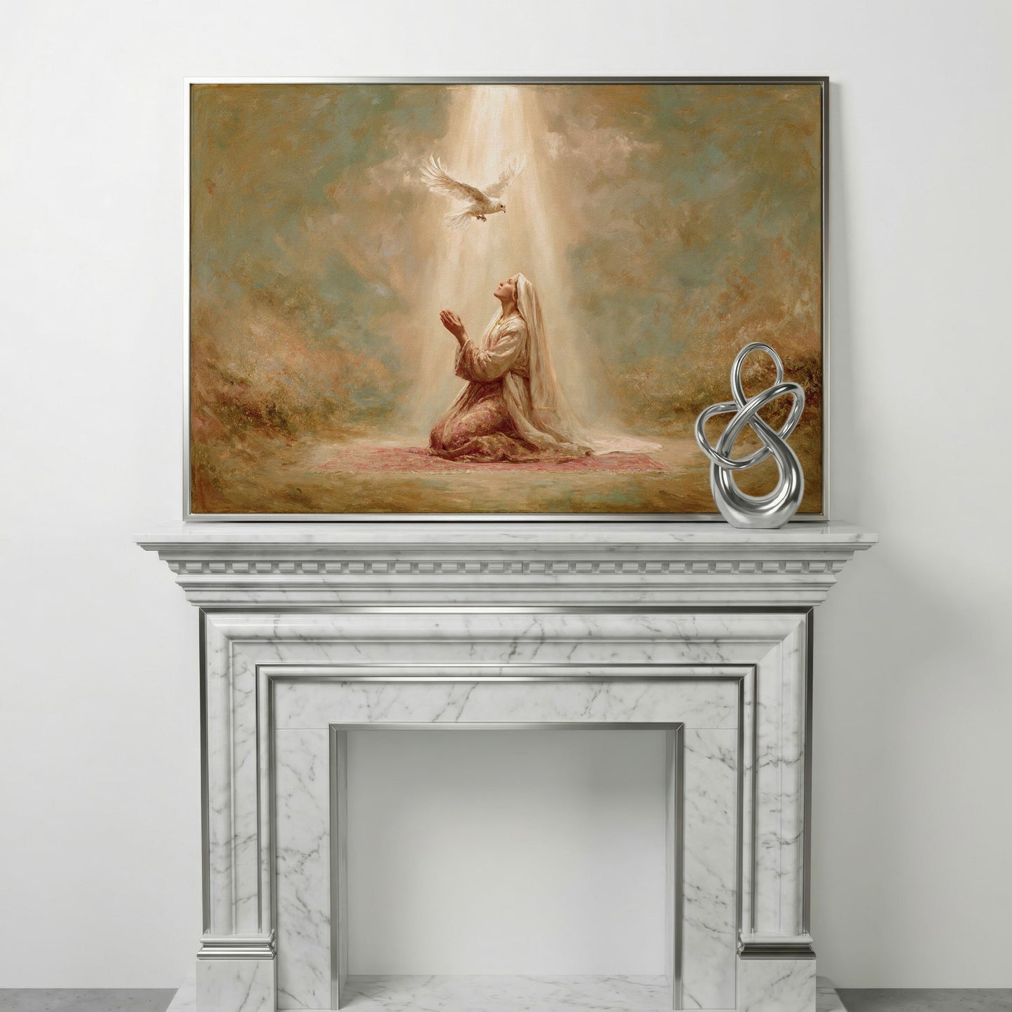 Virgin Mary Kneeling in Prayer with Holy Spirit Dove Canvas Art in silver floating frame