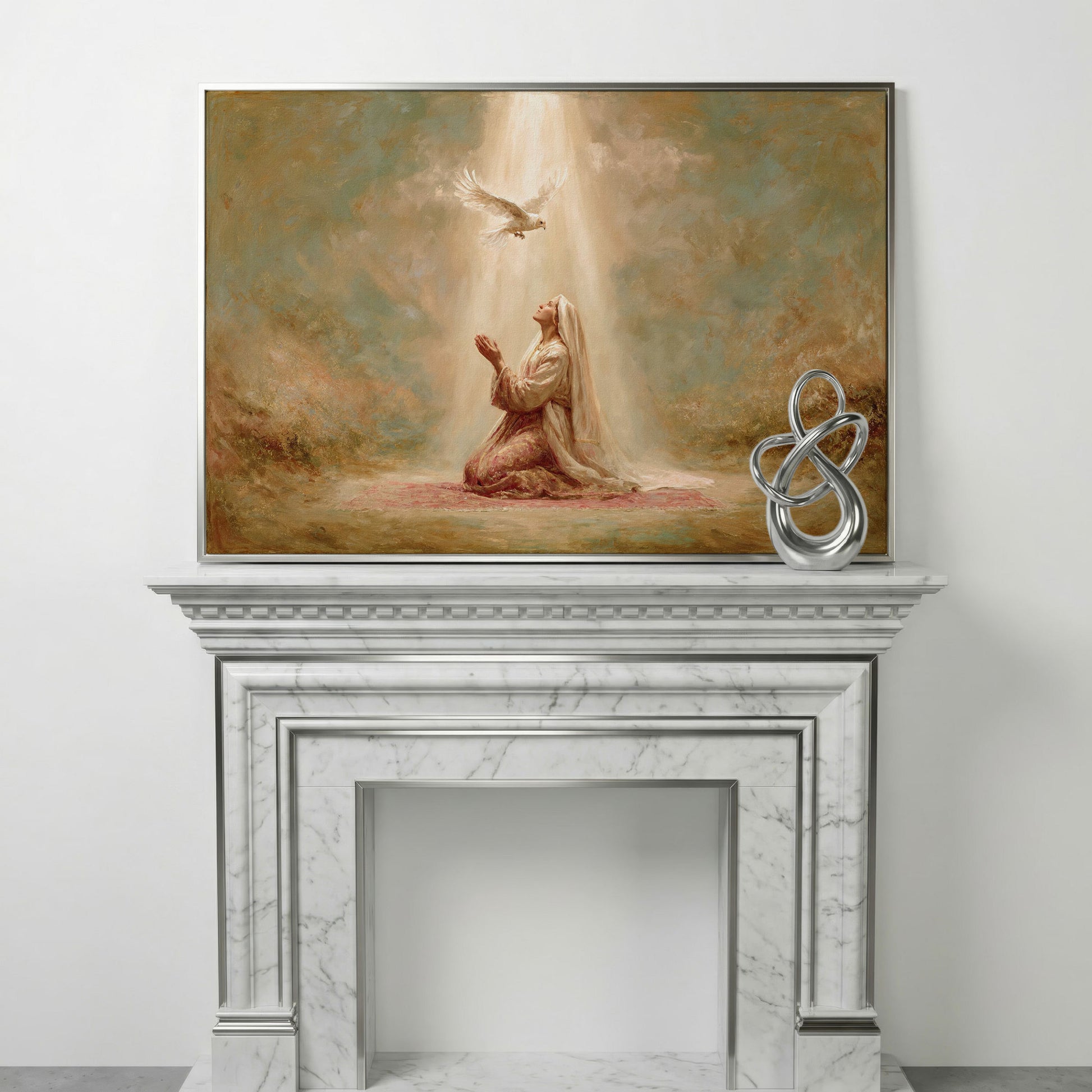 Virgin Mary Kneeling in Prayer with Holy Spirit Dove Canvas Art in silver floating frame