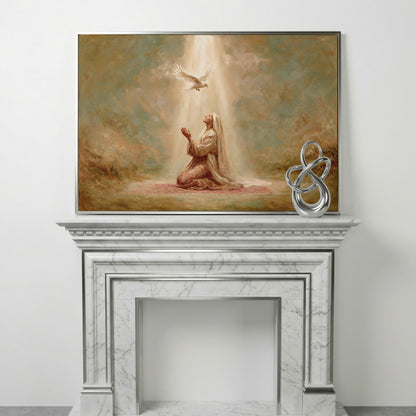 Virgin Mary Kneeling in Prayer with Holy Spirit Dove Canvas Art in silver floating frame