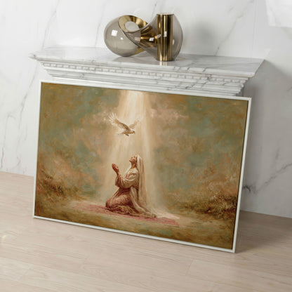 Virgin Mary Kneeling in Prayer with Holy Spirit Dove Canvas Art in white floating frame
