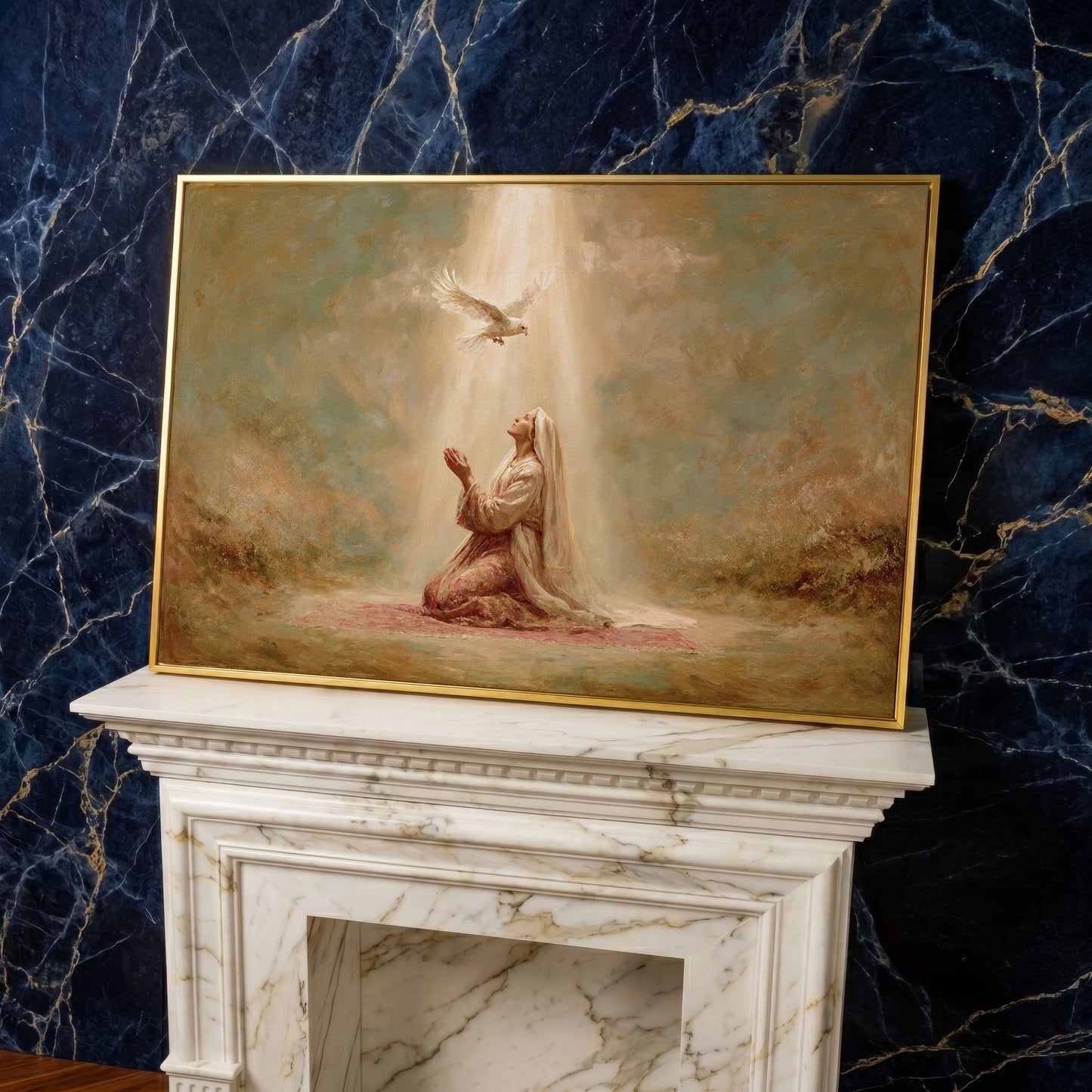 Virgin Mary Kneeling in Prayer with Holy Spirit Dove Canvas Art in yellow gold floating frame