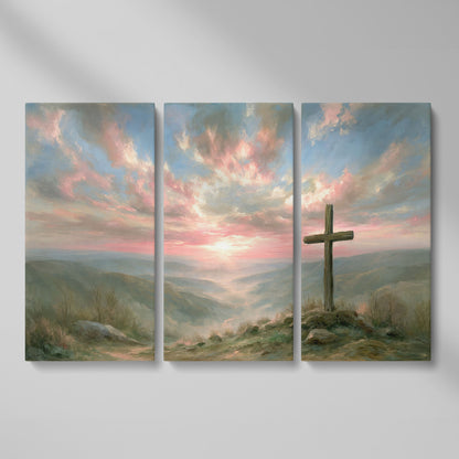 Wooden Cross on a Hilltop at Sunrise. Canvas Wall Art as 3-panel split version