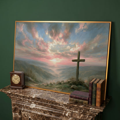 Wooden Cross on a Hilltop at Sunrise. Canvas Wall Art in antique gold floating frame