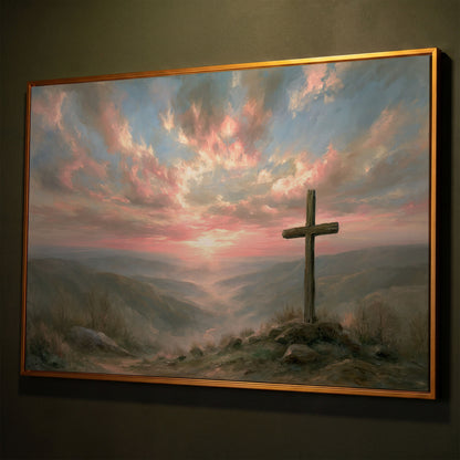 Wooden Cross on a Hilltop at Sunrise. Canvas Wall Art shown in antique gold floating frame