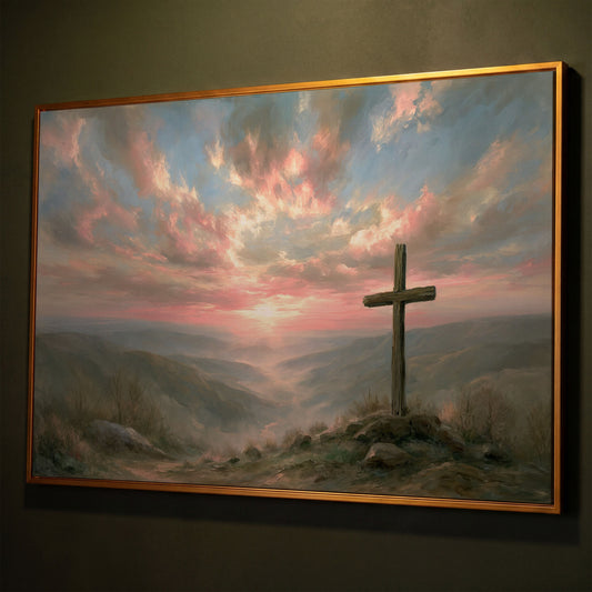 Wooden Cross on a Hilltop at Sunrise. Canvas Wall Art shown in antique gold floating frame