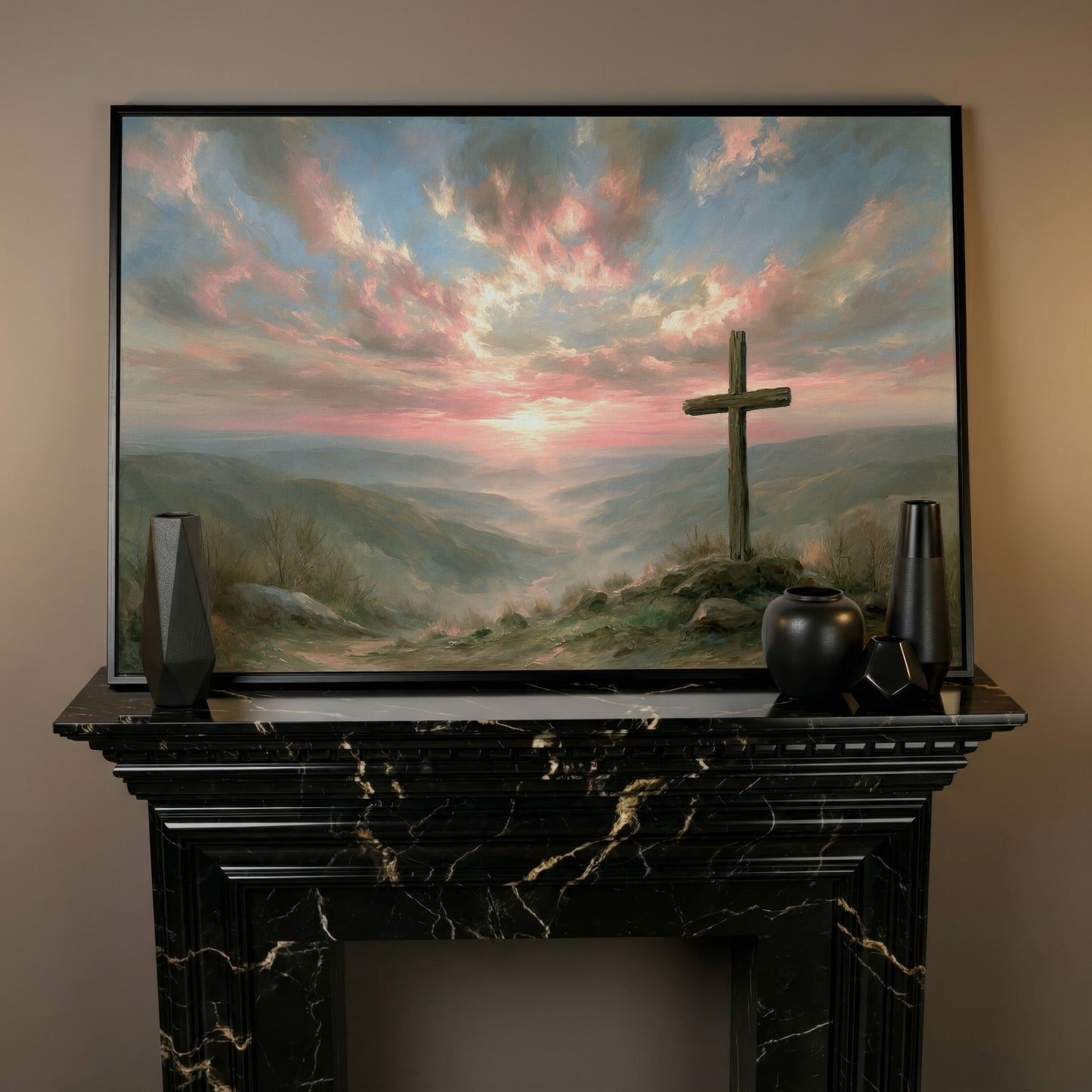 Wooden Cross on a Hilltop at Sunrise. Canvas Wall Art in black floating frame