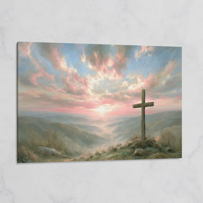Wooden Cross on a Hilltop at Sunrise. Canvas Wall Art on gallery wrap