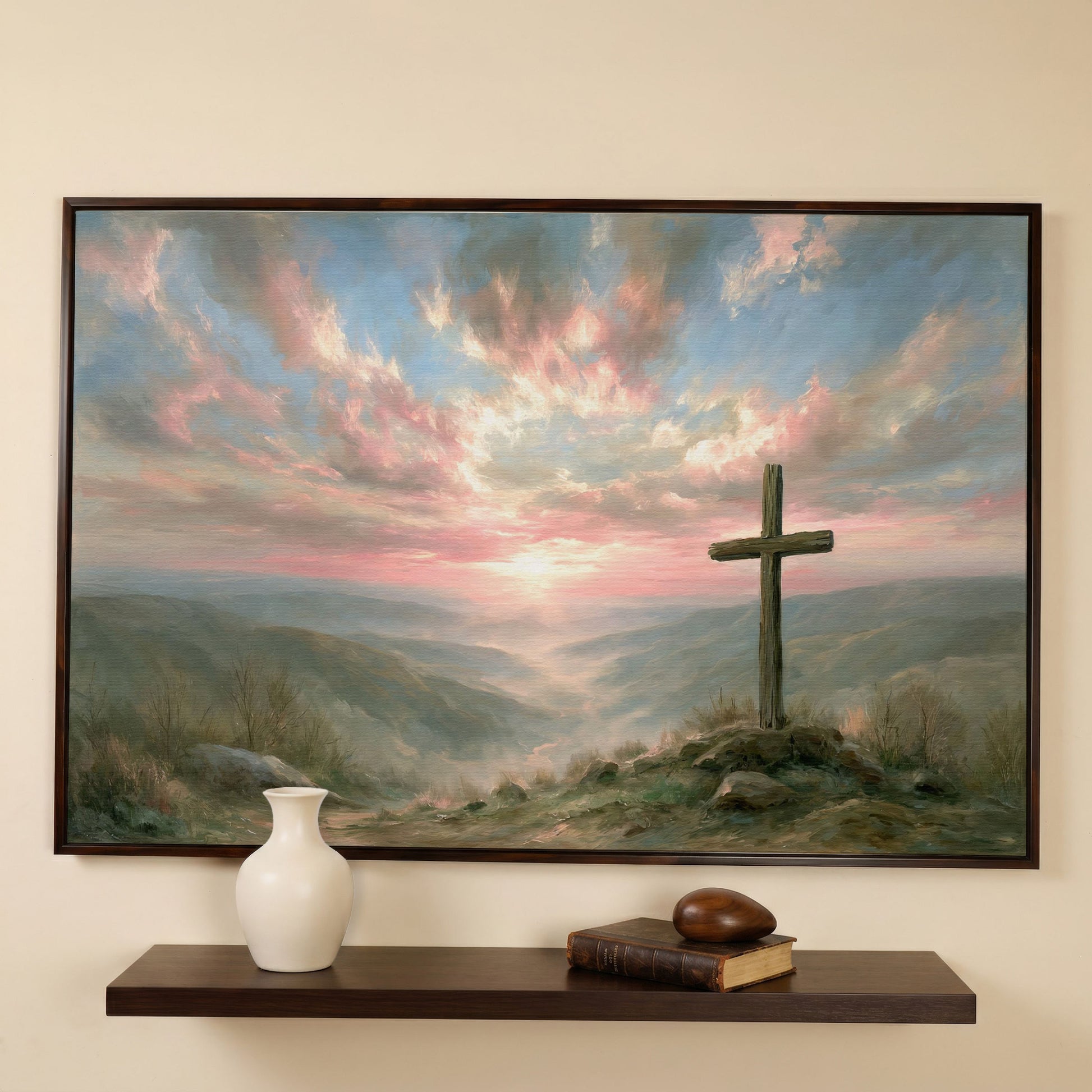 Wooden Cross on a Hilltop at Sunrise. Canvas Wall Art in dark walnut floating frame