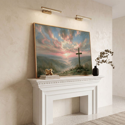 Wooden Cross on a Hilltop at Sunrise. Canvas Wall Art in white oak floating frame