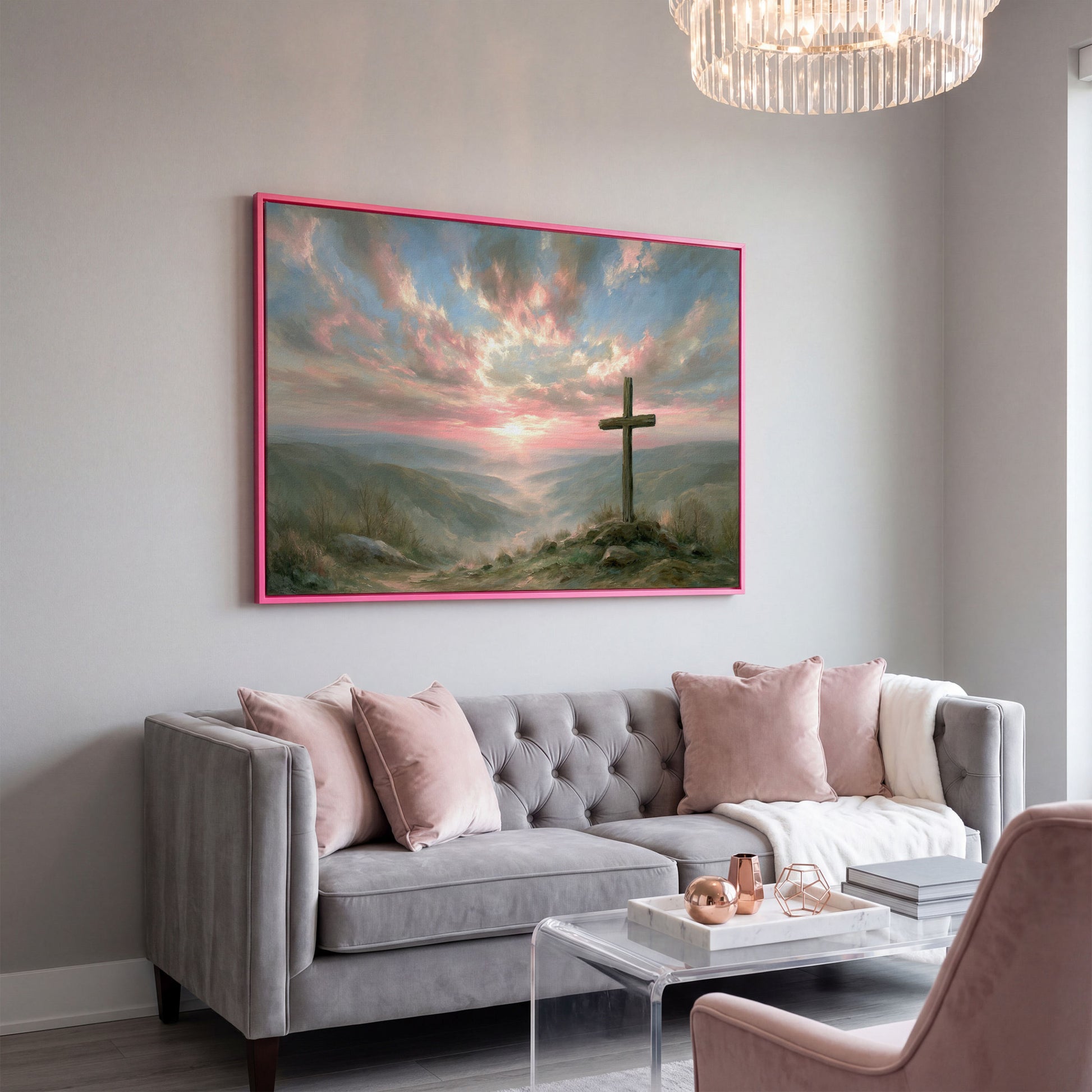 Wooden Cross on a Hilltop at Sunrise. Canvas Wall Art in pink floating frame