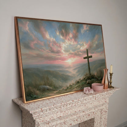 Wooden Cross on a Hilltop at Sunrise. Canvas Wall Art in rose gold floating frame