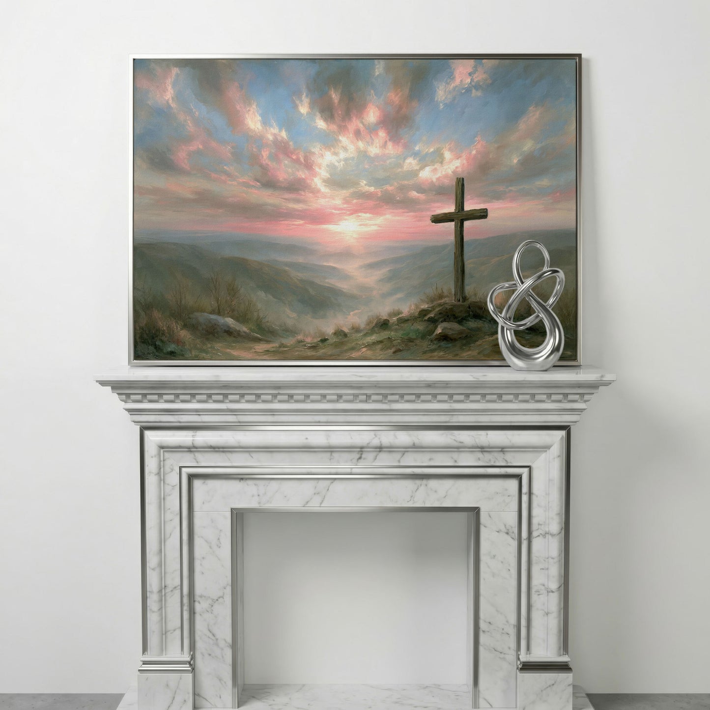 Wooden Cross on a Hilltop at Sunrise. Canvas Wall Art in silver floating frame