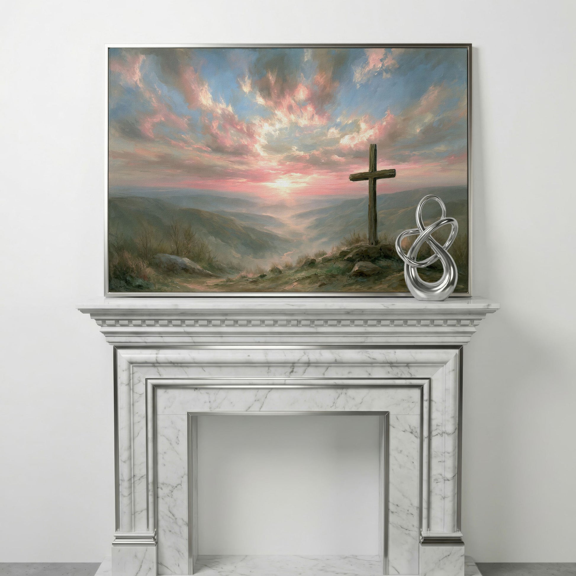 Wooden Cross on a Hilltop at Sunrise. Canvas Wall Art in silver floating frame