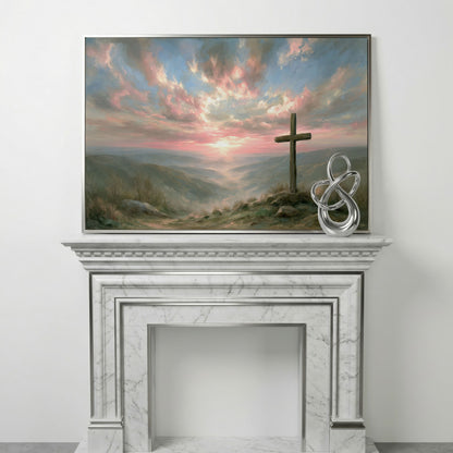 Wooden Cross on a Hilltop at Sunrise. Canvas Wall Art in silver floating frame