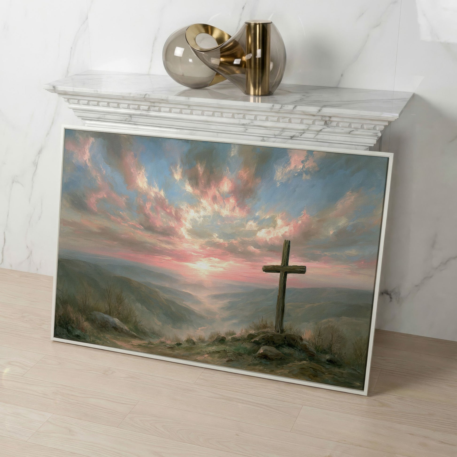 Wooden Cross on a Hilltop at Sunrise. Canvas Wall Art in white floating frame