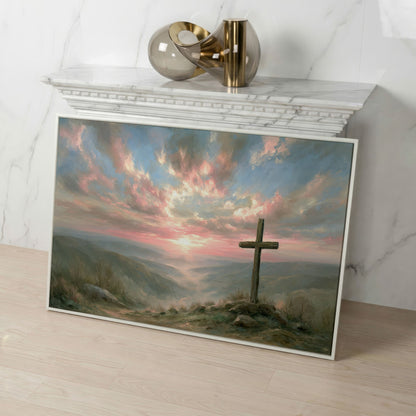 Wooden Cross on a Hilltop at Sunrise. Canvas Wall Art in white floating frame