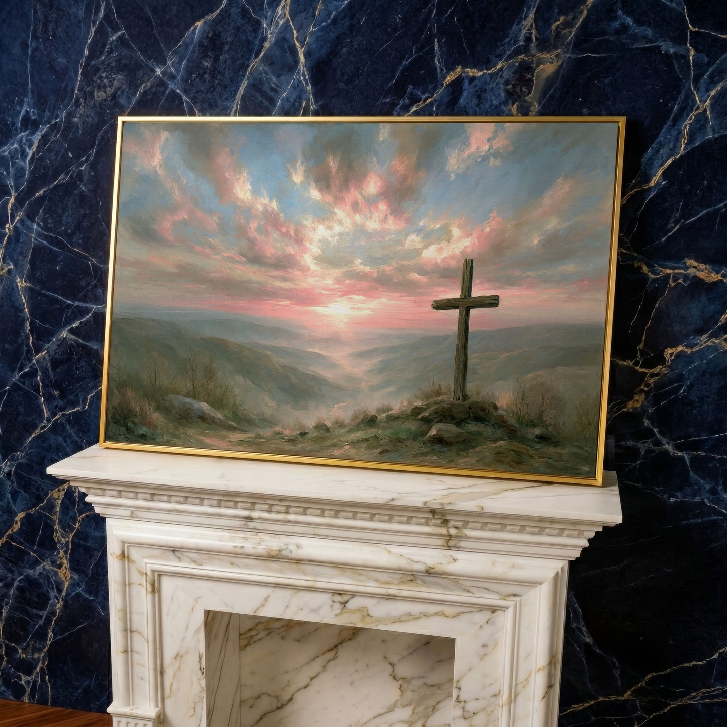 Wooden Cross on a Hilltop at Sunrise. Canvas Wall Art in yellow gold floating frame