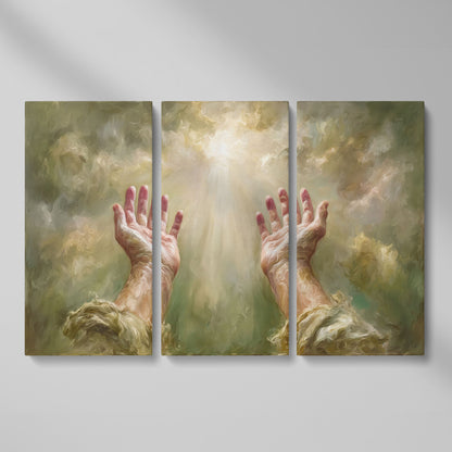 Praying Hands in Divine Light. Christian Canvas Wall Art as 3-panel split version