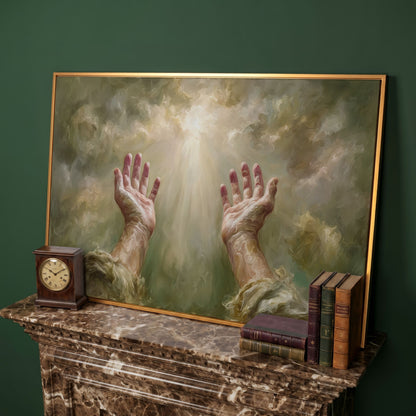 Praying Hands in Divine Light. Christian Canvas Wall Art in antique gold floating frame