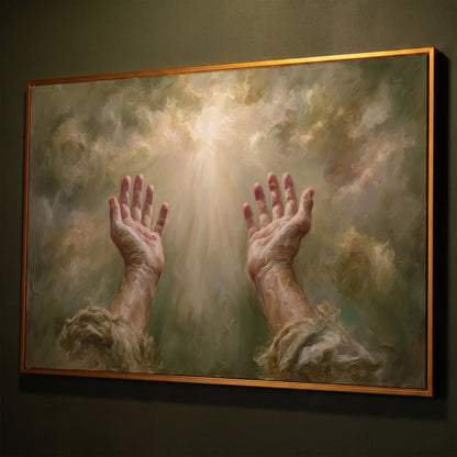 Praying Hands in Divine Light. Christian Canvas Wall Art shown in antique gold floating frame