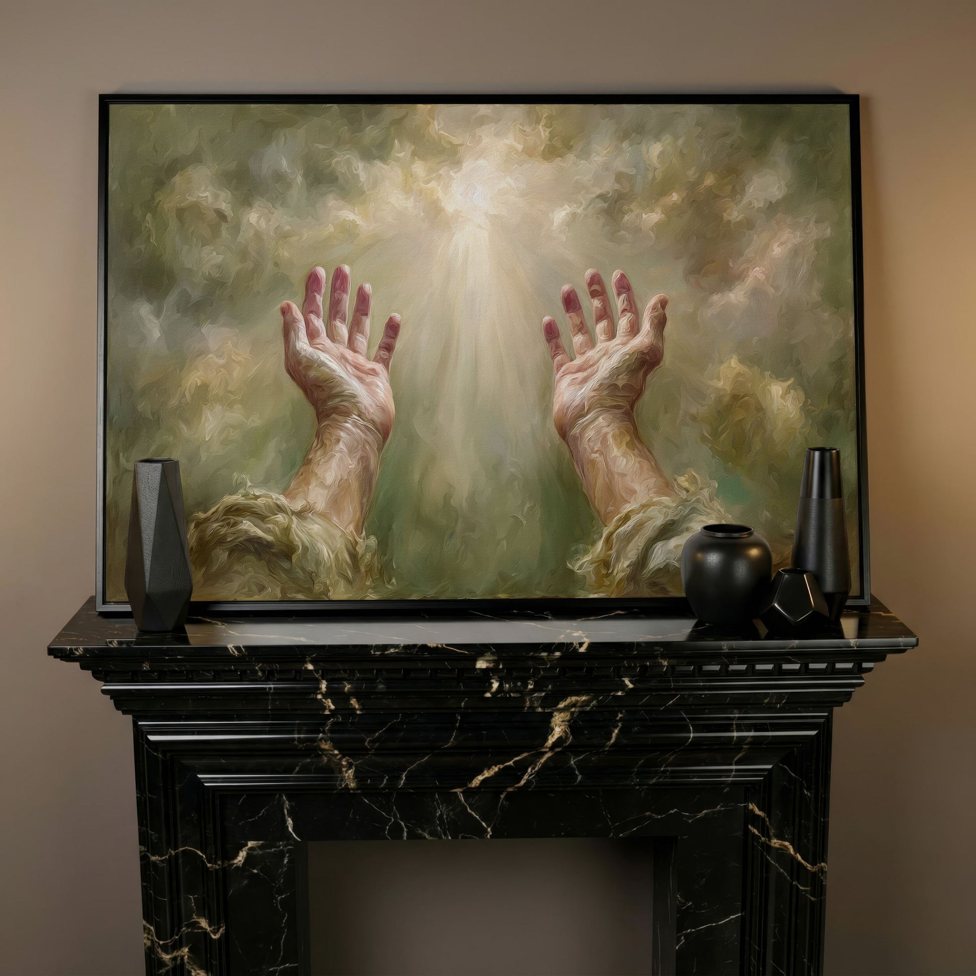 Praying Hands in Divine Light. Christian Canvas Wall Art in black floating frame