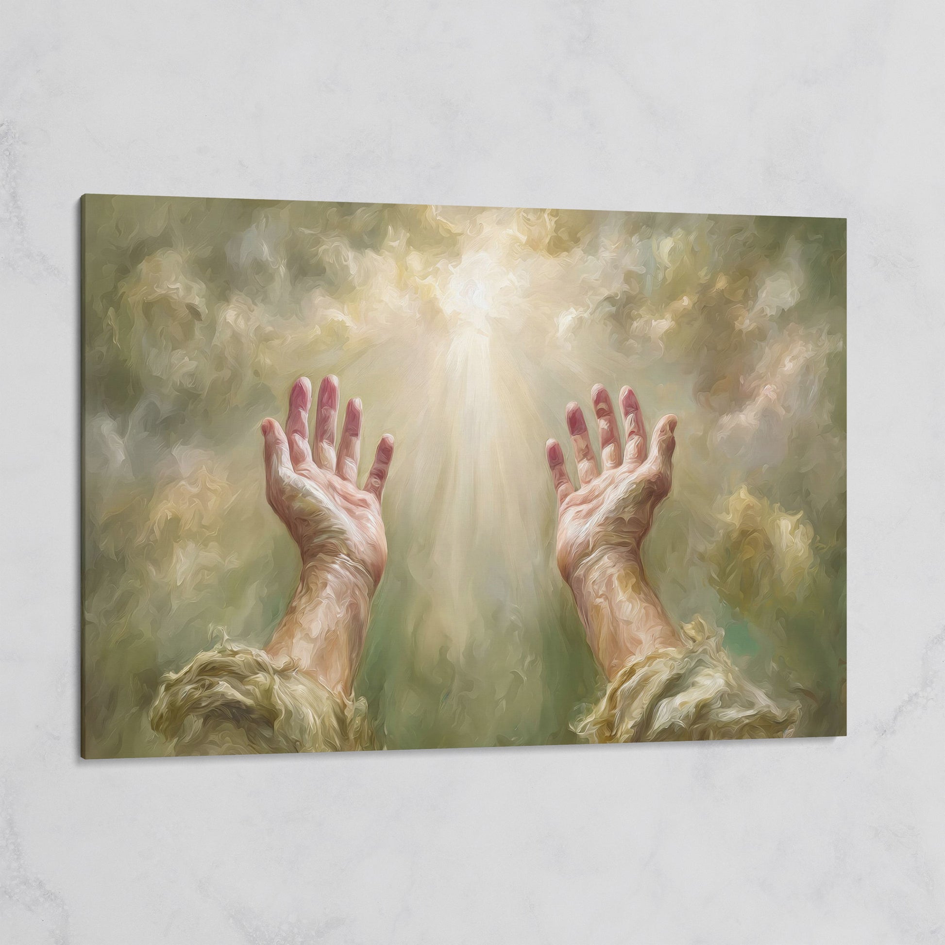 Praying Hands in Divine Light. Christian Canvas Wall Art on gallery wrap