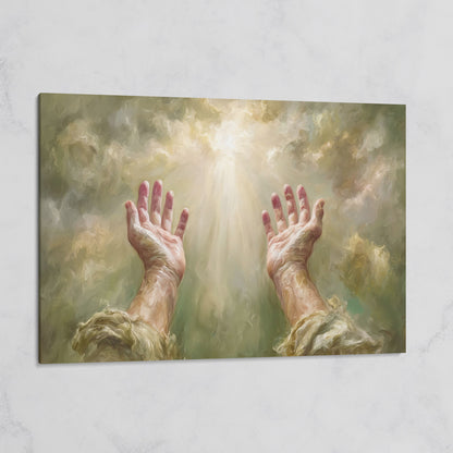 Praying Hands in Divine Light. Christian Canvas Wall Art on gallery wrap