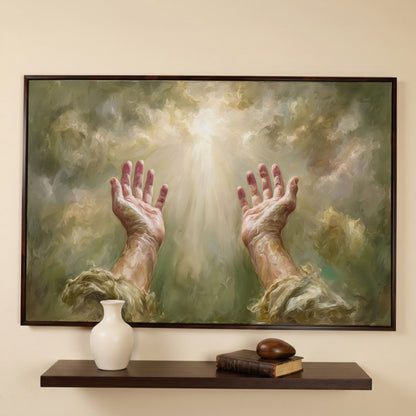 Praying Hands in Divine Light. Christian Canvas Wall Art in dark walnut floating frame