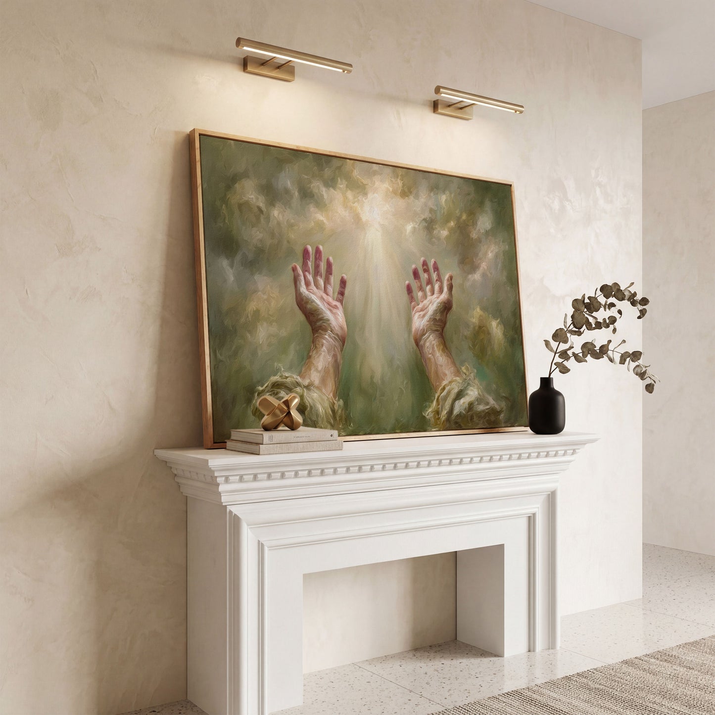 Praying Hands in Divine Light. Christian Canvas Wall Art in white oak floating frame
