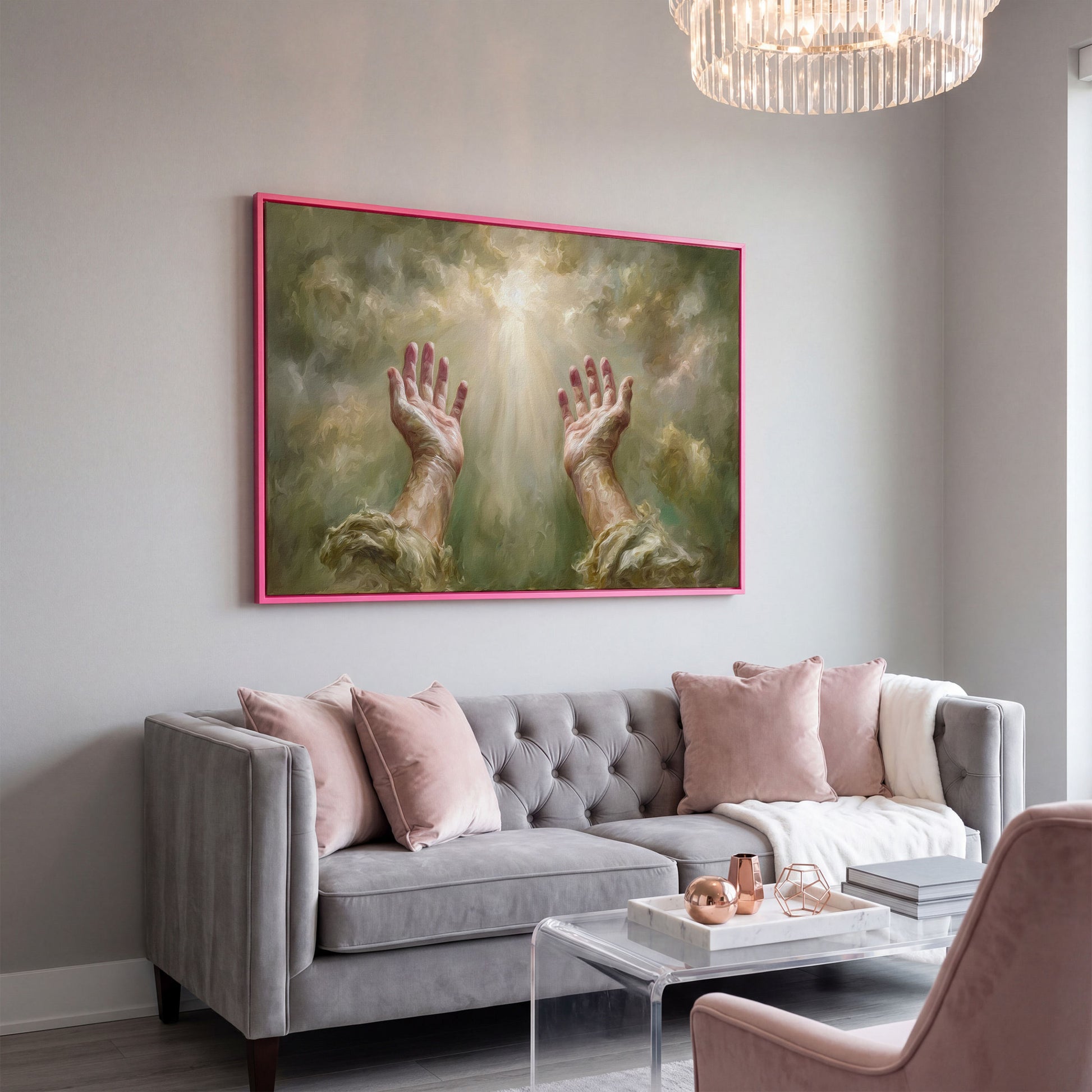 Praying Hands in Divine Light. Christian Canvas Wall Art in pink floating frame