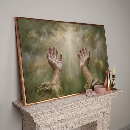 Praying Hands in Divine Light. Christian Canvas Wall Art in rose gold floating frame